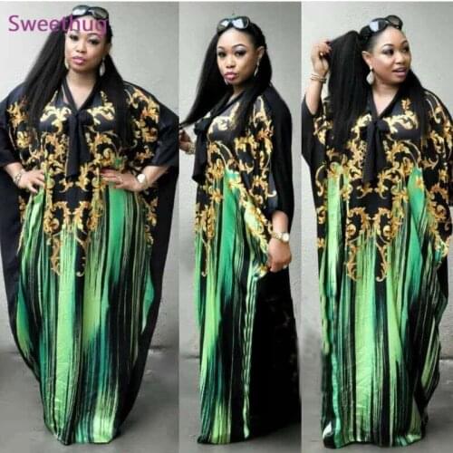 African Ethnic Maxi Dress for Women Summer 2021 New Fashion Print Bow Tie V Neck Short Sleeve Stretch Plus Size Clothes