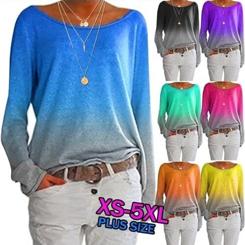 2020 Autumn Winter Gradient Women T-shirt Casual O-neck Long Sleeve Rainbow Pullover Tops Plus Size S-5xl Blue Black T-shirts