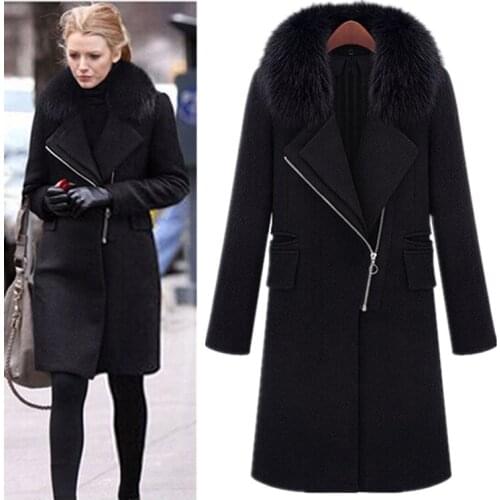 Plus Size S-XXXL Women Medium Long Design Woolen Jacket, Super Discounted Black Fur Collar Wool Jackets