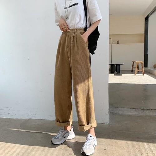 2021 New Arrival Spring/autumn Korean Style Women Casual Loose Ankle-length Pants Cotton Corduroy Elastic Waist Harem Pants W562