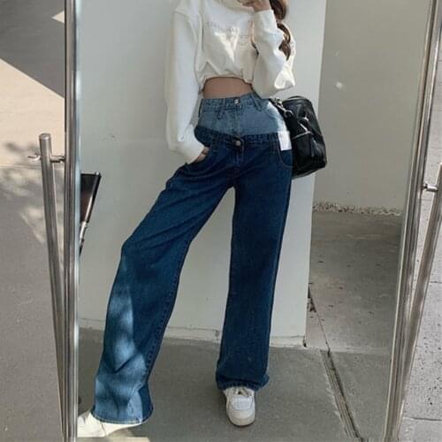 2021 new spring high waist patchwork straight pants cool motor&bike jeans washed chic streetwear 2021 new female casual fashion