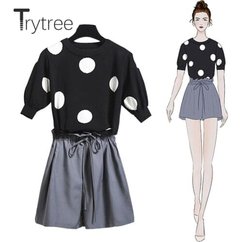 Trytree 2020 Summer Women Two Piece Set Casual O-neck Dot Knitting Loose Top + Shorts Elastic Waist Drawstring 2 Piece Set