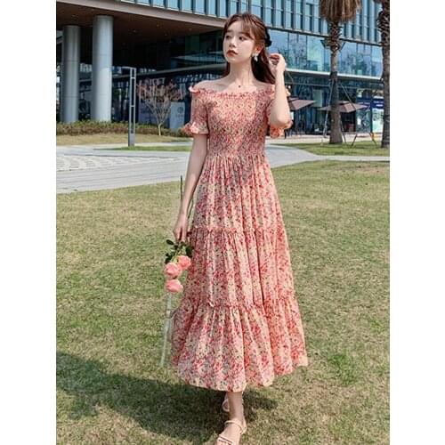 Summer New Style Ins Korean Version Of The New Womens Bohemian Travel Vacation Beach Wind Printing One-Line Collar Long Dress