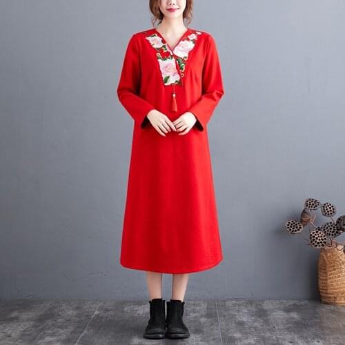 Dress Women Autumn New Loose V-neck Long-Sleeve Large Size Female Clothes National Style Solid Color Embroidery Women Dress
