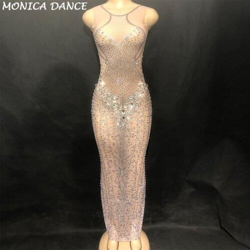 Women Sexy Stage Bling Long Dress Net Yarn Full Of Glass Sparkling Crystals Sleeveless Nightclub Party Dancer Singer Stage Wear