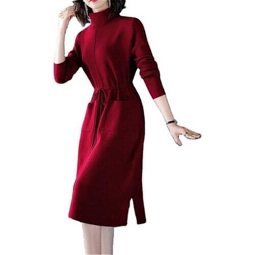 New Spring Autumn Womens Knit Long Dress Trendy Belt Turtleneck Winter Thick Bottoming Plus Size Female Sweaters Lady Pullover