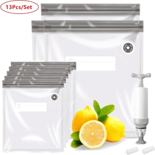13Pcs/Set Vacuum Sealer Bags Reusable Food Storage Bag Household Vacuum Food Sealer Ziplock Bag With Hand Pump Sealing Clips