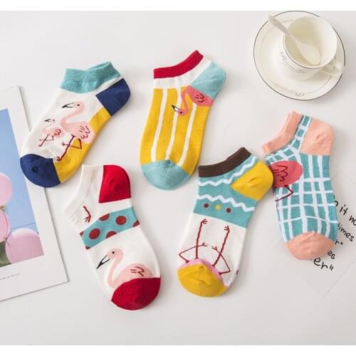 5Pairs/Pack New Cotton Ankle Flamingo Socks Women Colorful Harajuku Cartoon Cute Socks Street Hipster Funny Happy Girls Sock