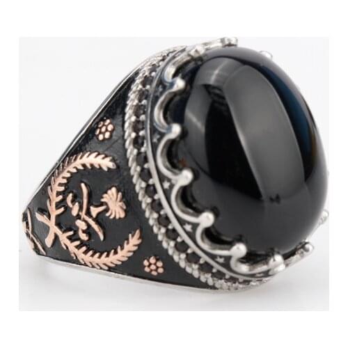 925 Sterling Silver Men Ring with Black Natural Agate Stone Rings Swords Lucky Grass Symmetry Islam Muslim Religious Jewelry