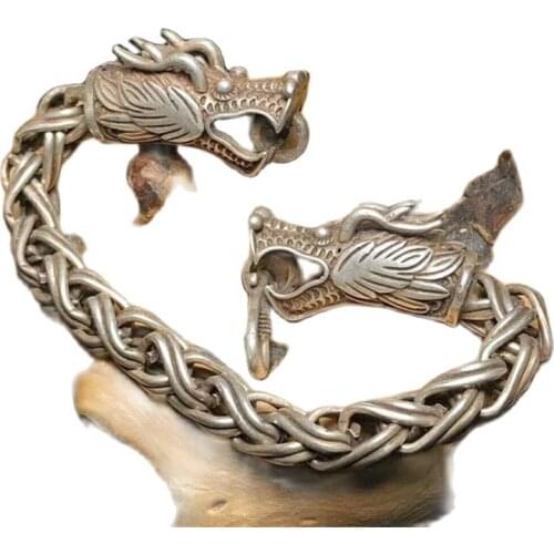 China Old Tibet Silver Carve Pair Dragon Head Bracelet