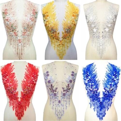 V-NEck 32x59cm Coral Yellow Red Blue White Purple Sewing Beads Rhinestones Clothes Patch Applique Designer For Wedding Dress Diy