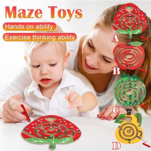 Wooden Magnetic Track Maze Toy Cute Fruit Puzzles Brain Teaser Intellectual Jigsaw Board Kids Early Educational Puzzle Game