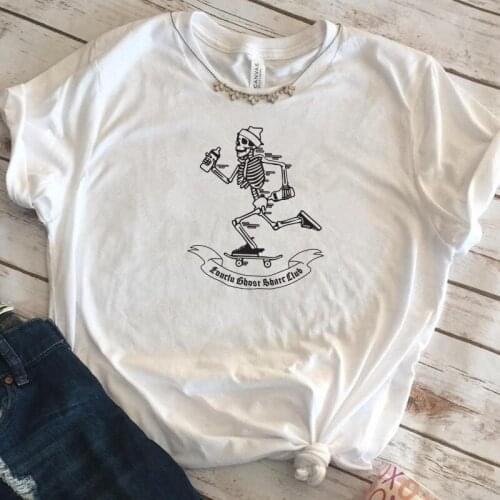 Calelinka Funny Skull Skate Club Graphic Tees Gothic Style Summer Casual Cotton Shirt Hand Printed Ins Fashion Women Cool Tshirt