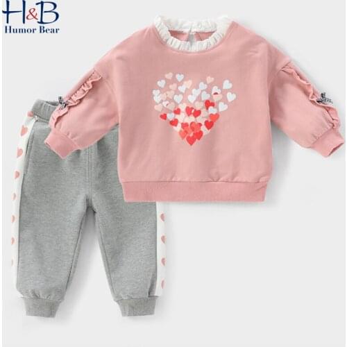 Humor Bear Girls Clothing Sets Spring Autumn Long Sleeve Ruffle heart printed T-Shirt+Long Sport Pants 2pcs Casual Clothes