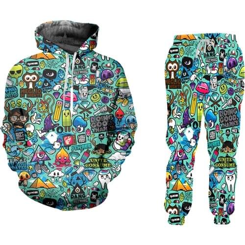 OGKB Streetwear 2 Pcs Sets Women Green Multi-element Graffiti Mens Suits 3D Printed Hip Hop Casual Street Art Hoodies And Pants