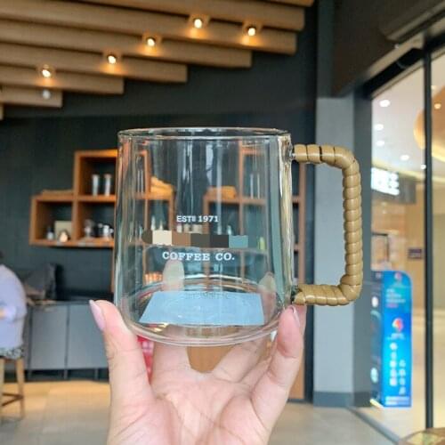 Korea 2020 Summer New Ocean Green Leafy Rattan Braided Handle Glass 473Ml Coffee Mug