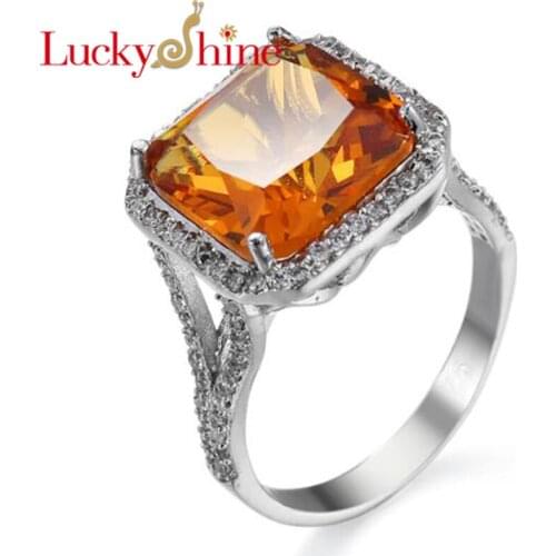 Luckyshine AAAA Square Fire Golden Crystal Cubic Zirconia Silver Rings for Women Wedding Party Holiday Christmas Gifts