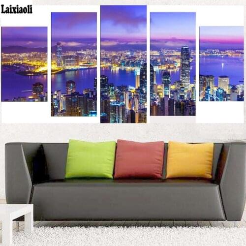 DIY 5D Cross Stitch Diamond Embroidery City night scene 5pcs sets Diamond Painting mosiac Fashion Home Decorative art Needlework