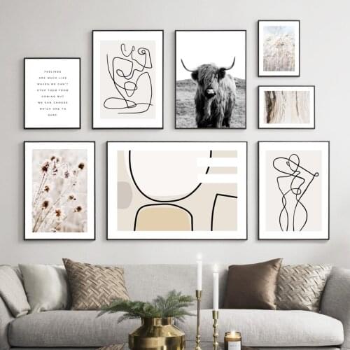 Wall Art Canvas Painting Flower Desert Bison Line Body Abstract Nordic Posters And Prints Wall Pictures For Living Room Decor
