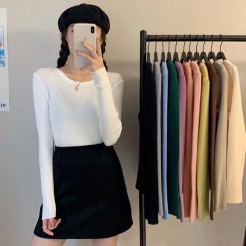 Fall Winter Knitted Sweater Solid Color Long Sleeve Pullovers Slim Basic Tops Casual Missnight