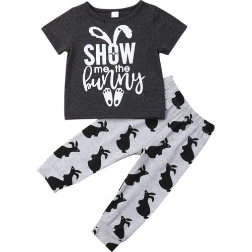Emmababy Easter Toddler Kid Baby Boy Clothes Set Short Sleeve Letter Printed T-Shirt Tops+Bunny Long Leggings Casual Outfit Set