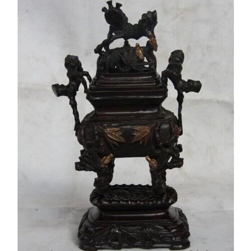 Song voge gem S1585 11 China Buddhism Palace Bronze Copper Carved Bamboo Bird Incense Burner Censer