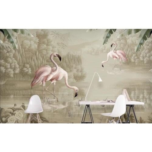 Custom landscape modern minimalist hand painted watercolor plant flamingo nordic decorative painting background wall paper mural
