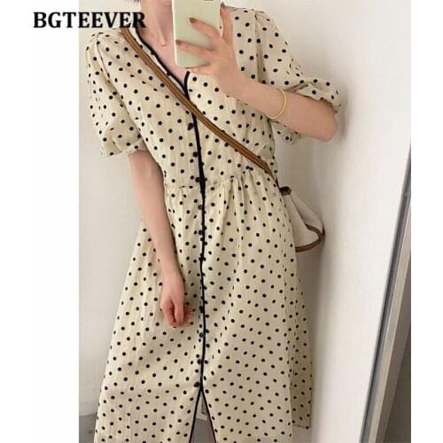 BGTEEVER Summer Chic Women Polka Dots Dress Puff Short Sleeve Ladies A-line Vestidos Vintage Single-breasted Female Dresses