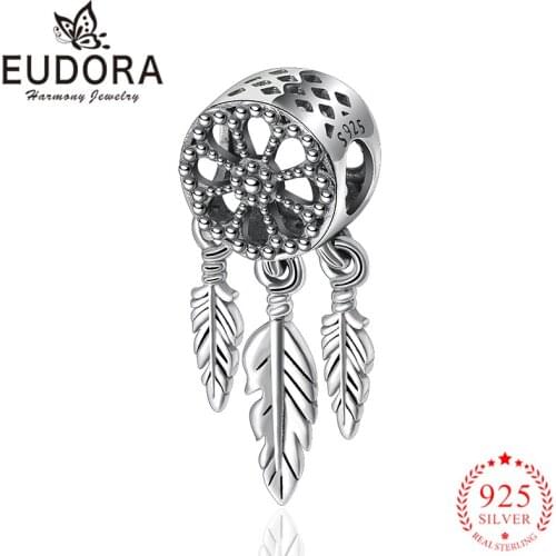 Eudora Real 925 Sterling Silver beads Pendant Dream Catcher Charm fit Women Charm Bracelets & Necklaces DIY Jewelry Gift Z058