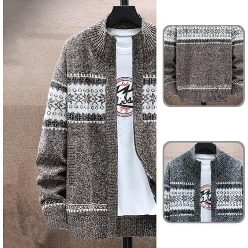 Casual Classic Printing Stand Collar Sweater Coat Autumn Winter Cardigan Sweater Zipper Closure for Daily Wear
