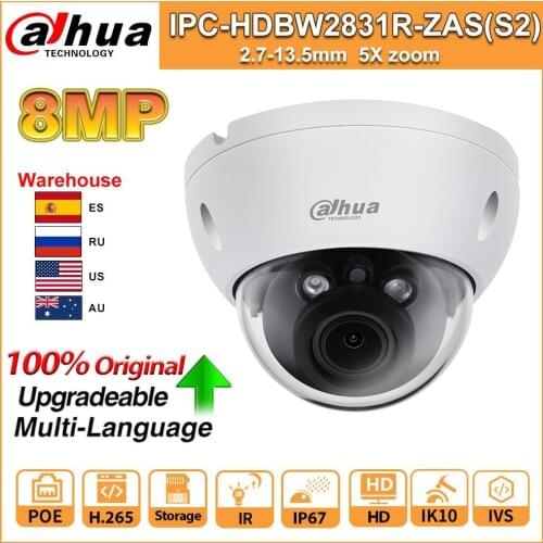 Dahua Original Network Camera IP Camera 8MP 4K IPC-HDBW2831R-ZAS-S2 IR 40m H.265 IP67 IK10 Vandal-proof Camara Alarm SD Card IVS