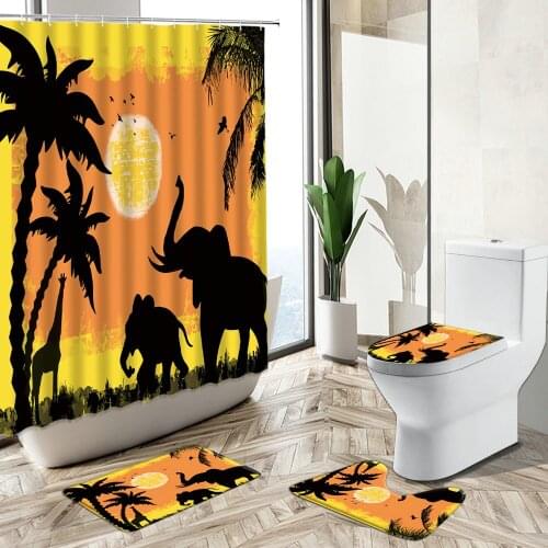 Elephant Giraffe Elk Silhouette Shower Curtain Wild Animal Tropical Plants Ocean Sunset Scenery Rug Toilet Cover Bathroom Set