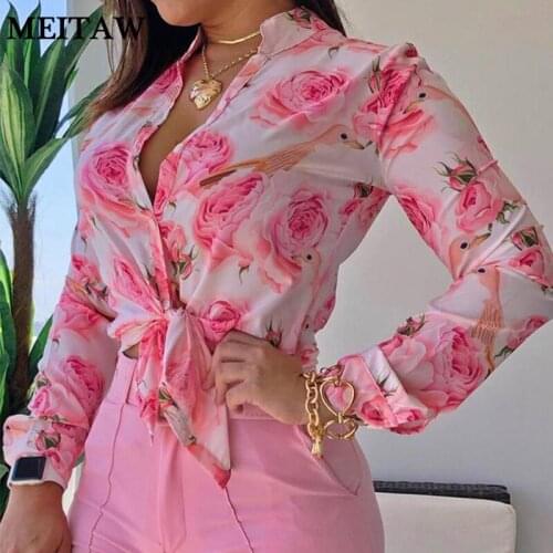 Elegant Office Shirt Blouse Women V-Neck Long Sleeve Tops 2021 Casual Loose Blouses Korean Floral Print Shirts