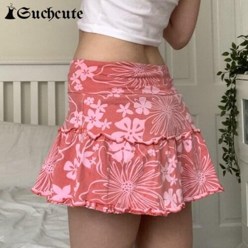 SUCHCUTE Floral Printed Women Mini Skirts Summer Vintage Ruffles Skinny Y2K Streetwear Casual Kawaii Sexy Hight Waist Skirts