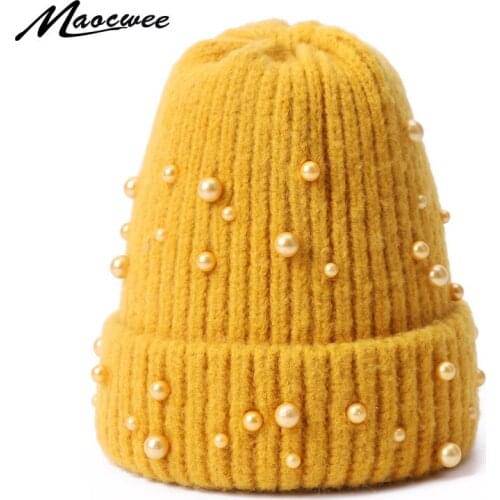 Women Hat Girls Caps Beanie Knitted Winter pearl Crochet Rabbit hair Female Warm Soft Solid Elasticity Striped Cap Outdoor