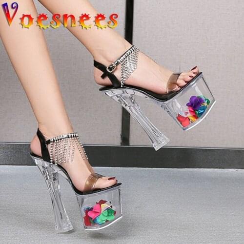 Women Model Heel Shoes Platform Ladies High Heel Transparent Crystal Wedding Shoes Sparkling Tassel Drill Nightclub Party Sandal