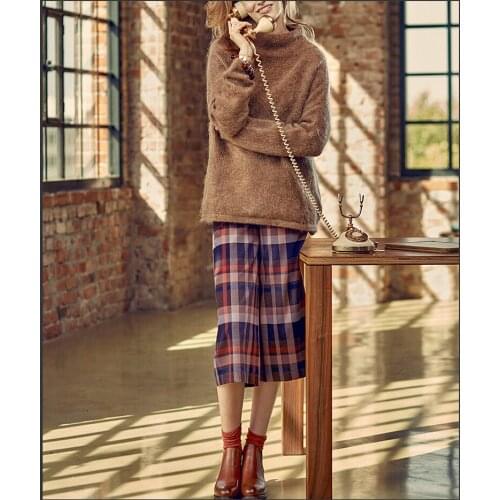 See Orange Warm 2 Piece Set Women Fashion Show Lamb Fur Mixed Angora Knitted Sweater Woolen Plaid Pants Two Piece Set SO7708