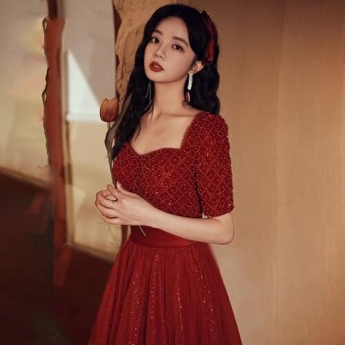 Women Elegant Square Neck Wedding Dress Burgundy Beading A-Line Formal Party Dresses Plus Size XS-4XL