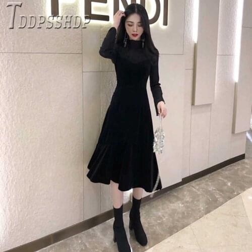2019 Spring Autumn Black Color Women Dress Lace Patchwork Flare Sleeve Female Dresses