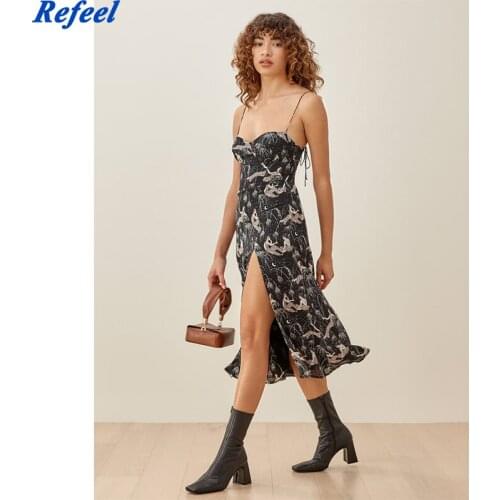 Fashion Elegant Adjust Spaghetti Straps Vestidos Palace Dance Girl Print Women Midi Dress Vintage Sleeveless Dresses