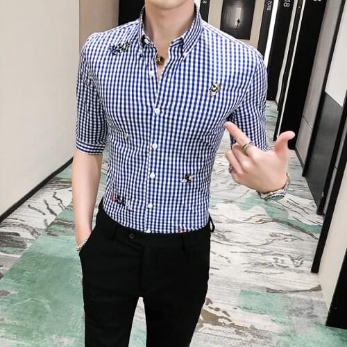 2020summer Casual Shirts Men Embroidery Plaid Social Shirts Men Dress Slim Fit Men Clothes Chemise Homme Camisa Masculina