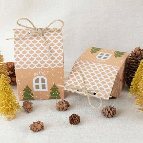 5pcs Christmas Kraft Paper Boxes Gift Packing Box House Shape Candy Bags DIY Cookie Package Bag Noel Navidad Party Decoration