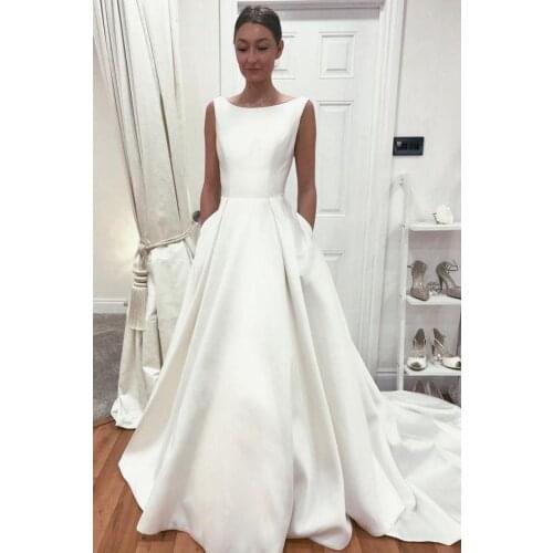 #9359 Gorgeous 2021 New Style O-Neck Long Sleeve Satin Simple Sweep Train Vintage Wedding Dress Bridal Gown