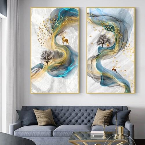 Abstract Golden Deer Canvas Painting Nordic Poster Prints Blue Gold Wall Art Pictures For Living Room Home Decor Mural Cuadros