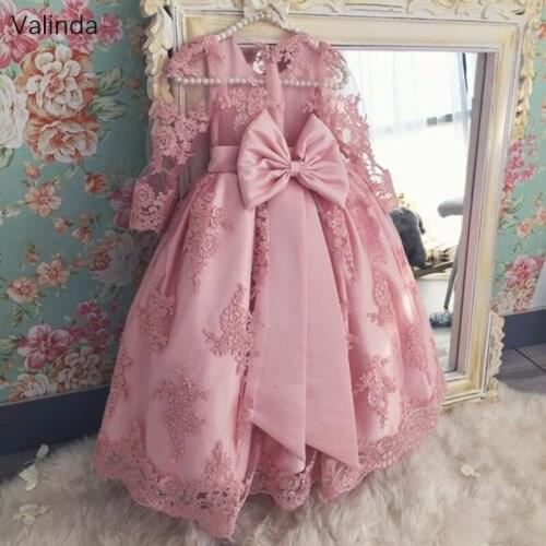 Long Sleeves Ball Gown Girl Pageant Dresses with Bow Floor Length Formal Birthday Party Gowns Kids Couture Clothing