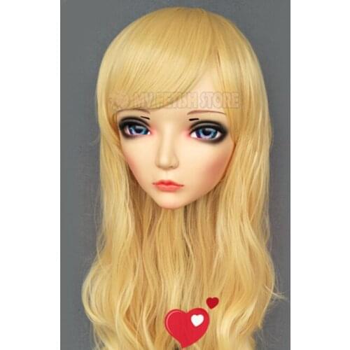 CHUN-1)Female Sweet Girl Resin Half Head Kigurumi BJD Eyes Crossdress Cosplay Japanese Anime Role Lolita Mask With Eyes And Wig