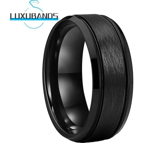 8MM Black Tungsten Carbide Rings For Men Wemen Beveled Edges Two Offset Grooved Engagement Bands Brushed Finished Comfort Fit
