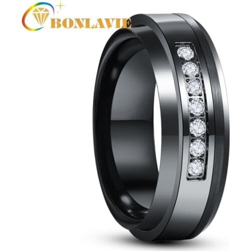 8mm Inlaid Zircon Lassa Middle Polished Black Tungsten Carbide Ring Mens Fashion Wedding Jewelry Best Gift