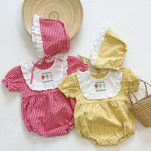 Toddler Baby Girl Lattice Embroidery Rompers+Hat Infant Baby Girls Short sleeve Cotton Jumpsuit Summer Baby Girls Clothes