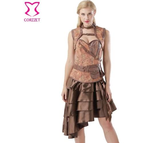 Brown Vintage Print Denim Hot Sexy Gothic Clothing Corsets And Bustiers Steampunk Corset Dress 6XL Plus Size Burlesque Costumes